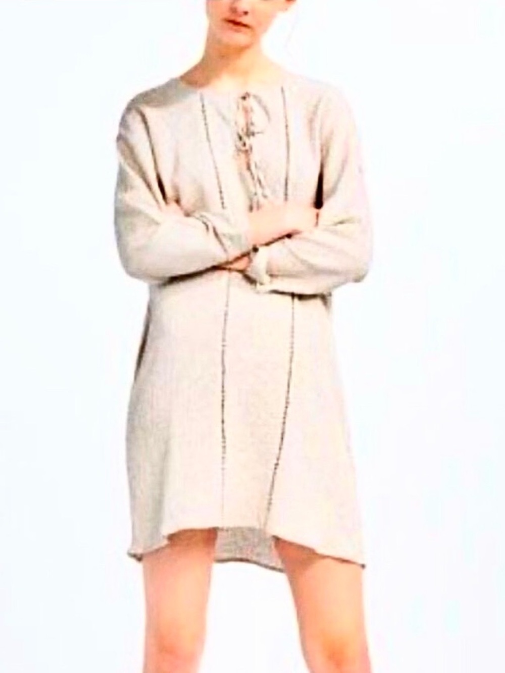 69, Zara Trafaluc Collection. Boho dress oatmeal with tie at neck.